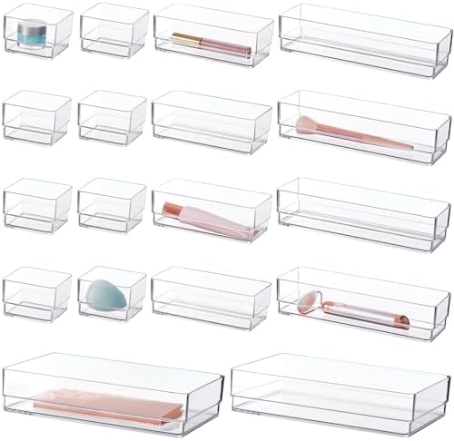 STORi SimpleSort 18-Piece Stackable Clear Drawer Organizer Set | Multi-size Trays | Makeup Vanity Storage Bins and Office Desk Drawer Dividers | Made in USA