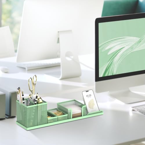 Pen Holder for Desk, 6-Piece Mesh Desk Organizer with Phone Holder, Green
