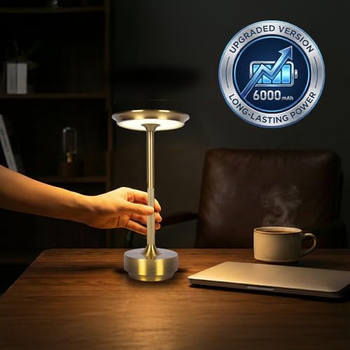2026 Upgraded 6000mAH for longer battery life. Cordless Table Lamps Rechargeable, Portable Lamp, Stepless Dimming LED Table Light with Memory Function, for Outdoor/Dinner/Patio/Restaurant, (Gold)