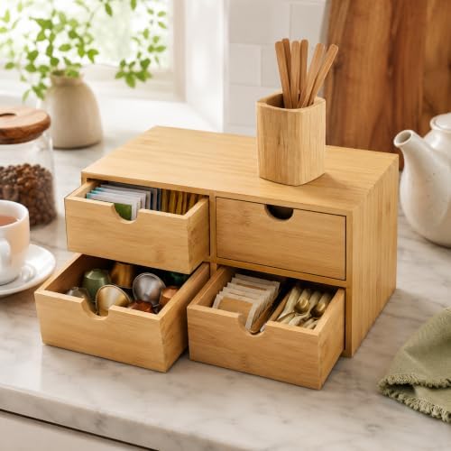 Bamboo Desk Organizer with Drawers, 4-Drawer Wooden Desk Organizer Box