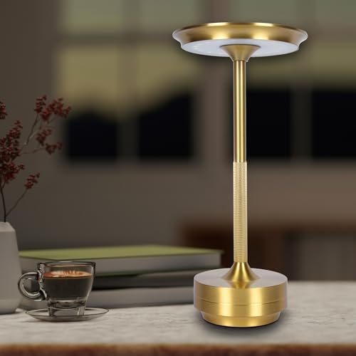Cordless Table Lamps Rechargeable, Portable Battery Operated Lamp, 3 Color Stepless Dimming LED Table Light with Memory Function, for Outdoor/Dinner/Patio/Restaurant (Gold)