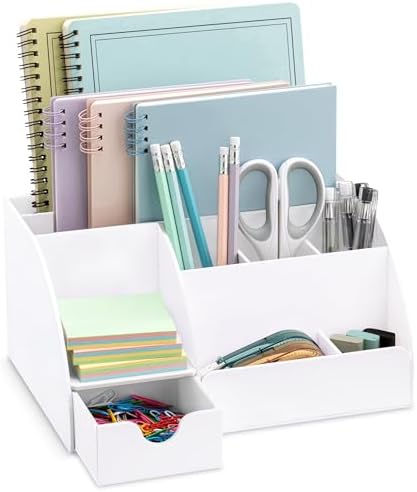 White Desktop Organizer - 9 Compartment Office Desk Accessories Organizer - Pen Holder