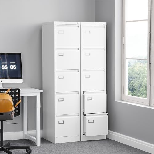 BYNSOE 5 Drawer File Cabinet with Lock Metal Vertical File Cabinet Office Home Vertical File Cabinet for A4 Legal/Letter Size Narrow File Cabinet Locked,Assembly Required