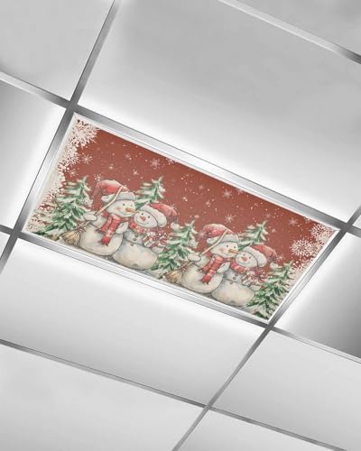 Red Christmas Magnetic Fluorescent Light Covers for Ceiling Lights 2 x 4 Feet,Snowman Snowflakes Green Pine Tree Retro Office Classroom Kitchen Drop Ceiling Light Covers Filters Shade Panel 1 Pack