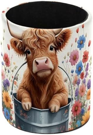 Highland Cow Floral Pen Holder Pencil Organizer Cute Pencil Cup Desk Decor Makeup Brush Holder PU Multifunctional Office Supplies for Home Classroom School