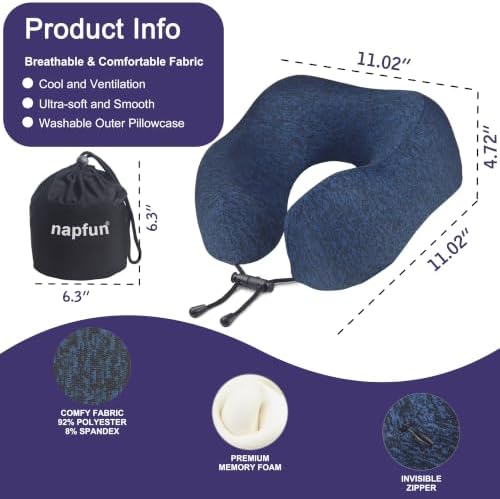 napfun Neck Pillow for Travel, Memory Foam Airplane Pillow, Full Dark Blue