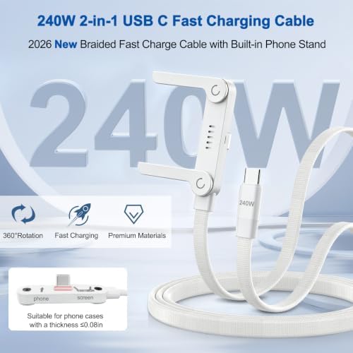 USB C to USB C Charger Cable 3Pack 5FT, 240W 2-in-1 Nylon Braided USB C Charger Cable with Built-in Phone Stand, Fast Charging Cord 90° Right Angle Compatible with iPhone iPad Samsung Galaxy, White