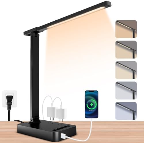 Smart Desk Lamp with 4-in-1 Charging Station (2 AC outlets, Type-C, USB-A ports), 5 color temperatures and 5 brightness levels, adjustable gooseneck arm, eye-friendly lighting for desks, bedrooms