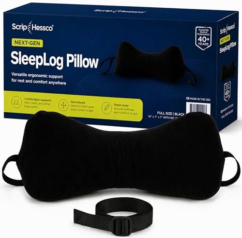 Next-GEN SleepLog Bone Shaped Chiropractic Neck Pillow – Adjustable Fill Cervical & Lumbar Support with 60" Positioning Strap – Latex Free – Full 15"x7" Black