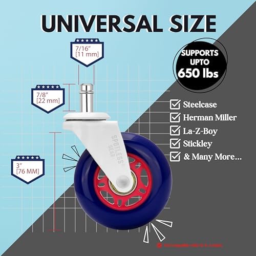 Roller Blade Office Chair Caster Wheels Gaming Chair 3 inch Replacement Rubber Chair Casters for Hardwood Floors & Carpet - Smooth & Quiet - Desk Chair Casters - Set of 5