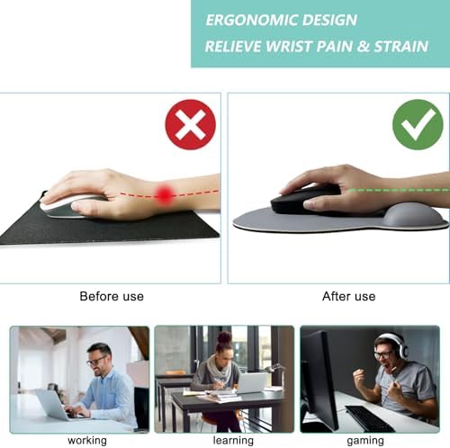 Mouse Pad with Wrist Support, Ergonomic Mousepad with Comfortable Memory Foam Wrist Rest Cushion, Relieve Wrist Pain, Non-Slip Rubber Base Gaming Mice Pad for Home Office Computer Laptop, Light Grey