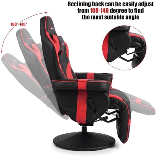 POWERSTONE Gaming Recliner, PU Massage Gaming Chair with Footrest, Cup Holder, Headrest and Side Pouch, Adjustable Single Sofa Living Room Chair(Red)