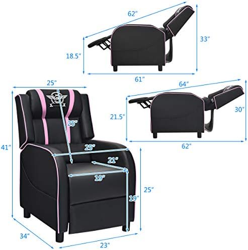 Giantex Gaming Recliner Chair, Adjustable Massage Gaming Chairs for Adults, Ergonomic Comfortable Lounge Leather Sofa w/Footrest, Remote Control & Side Pocket, Racing Style Single Sofa Recliners, Pink