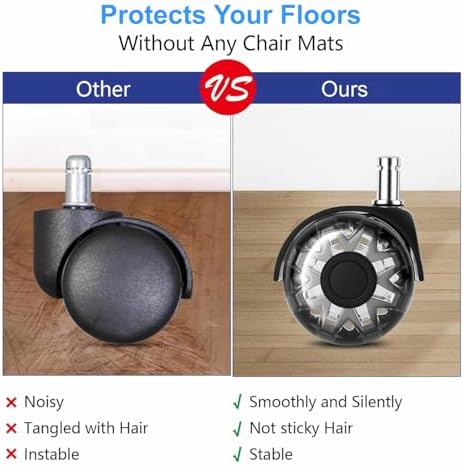 Office Chair Wheels, 2 Inch Rubber Rollers, Heavy Duty, Safe for Hardwood Floors, Carpets, Mats, Universal Size 11x22mm, Smooth and Quiet, Set of 5 (Black & Clear-Dual/2inch)