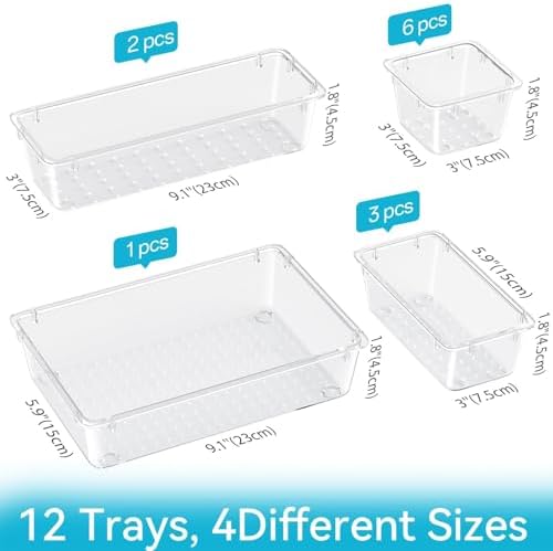 12 PCS Drawer Organizer Set, Makeup Organizers, Tool Storage Trays, Clear