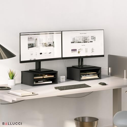 Ballucci File Organizer, 2-Tier Document Paper Sorter, Stackable Wood Desk Organizer Mail Holder, Monitor Stand with Storage Shelves, Black