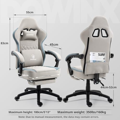 Dowinx Gaming Chair Breathable Fabric Game Chair with Gel Pad and Storage Bag, Comfortable Gamer Chair with Pocket Spring Cushion,Ergonomic Computer Chair with Footrest,Grey