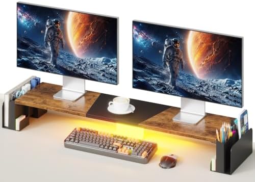 WESTREE Dual Monitor Stand Riser with Storage, Computer Monitor Riser with Adjustable Angle and LED, Desktop Monitor Stand Organizer for Computer, Laptop, Printer