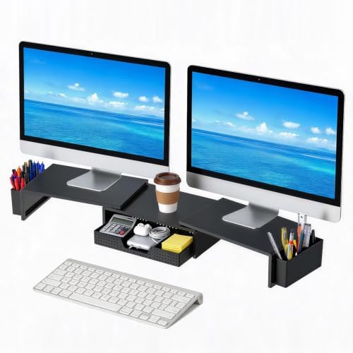 LEKETREE Dual Monitor Stand Riser with Drawer and 2 Pen Holders, Black