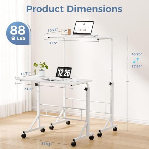 Simple Deluxe 31.5" Adjustable Height Mobile Desk with Locking Wheels & Pin-Lock – Height-Adjustable Standing Desk– Heavy-Duty Portable Workstation for Small Spaces & Home Office – White