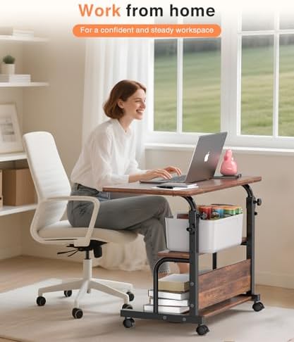QZMDSM Portable Rolling Desk on Wheels Adjustable Height Desks for Small Spaces, 32" Computer Desk Drafting Tables with Storage Shelves for Home Office Rustic
