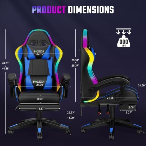 Bigzzia LED Gaming Chair with Footrest, Lumbar Massage for Adult/Kid（Blue）