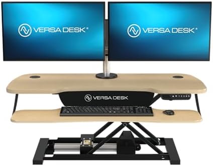 VERSADESK PowerPro Elite 40” x 24" – App Controlled Wide Electric Standing Desk Converter w/USB Charging Port. Raises up to 20”. Fully Assembled – Includes LED Lights. Supports 80 lbs. – Maple