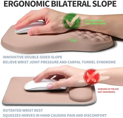 Ergonomic Raised Mouse Pad Wrist Support with Bilateral Slope Memory Foam Mousepad for Wrist Rest and Carpal Tunnel Pain Relief 11.8x7.9〃 Apricot Pink