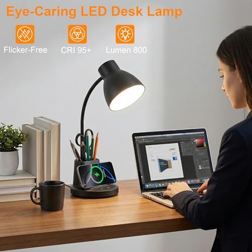 10W Wireless Charging LED Desk Lamp with Pen Holder, CRI 95, Black