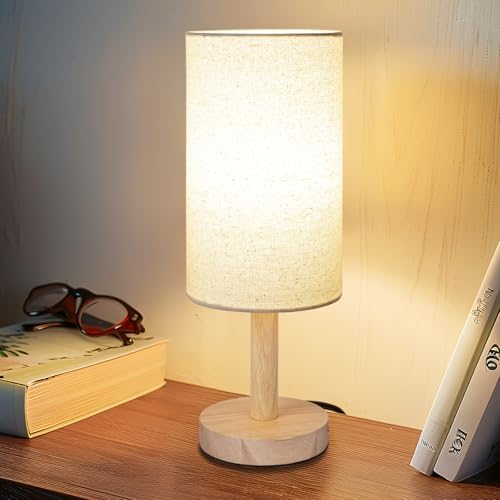 LALISU Small Table Lamp，Nightstand Lamp Wood Base Bedside Lamp Plug in