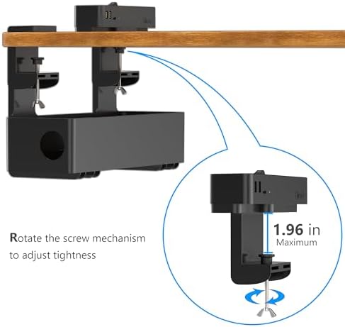 Hiree Under Desk Cable Management Tray with Power Strip, 8 AC Outlets, 2 USB Ports & 1 USB-C Port, Clamp Mount Desk Cable Organizer, No Drill Cord Management Tray for Standing Desk, Home Office（Black）