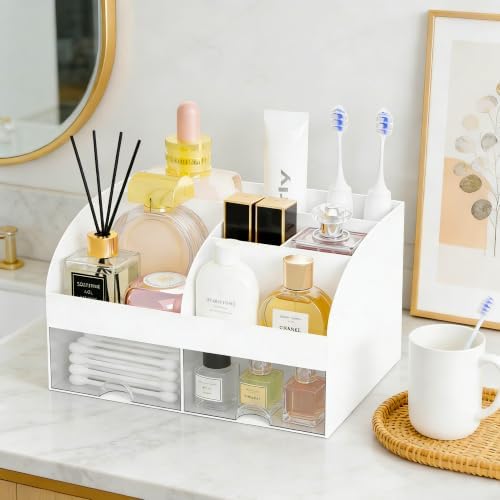 Makeup Organizer with 2 Drawers, Cosmetic Storage for Dresser Vanity and Bathroom Countertop,Make up organization and Skincare Storage with Beauty Brush Holder, Cosmetic Display Case 2Pcs White