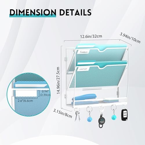 3-Tier Wall File Organizer and Mail Organizer with 5 Hooks, White