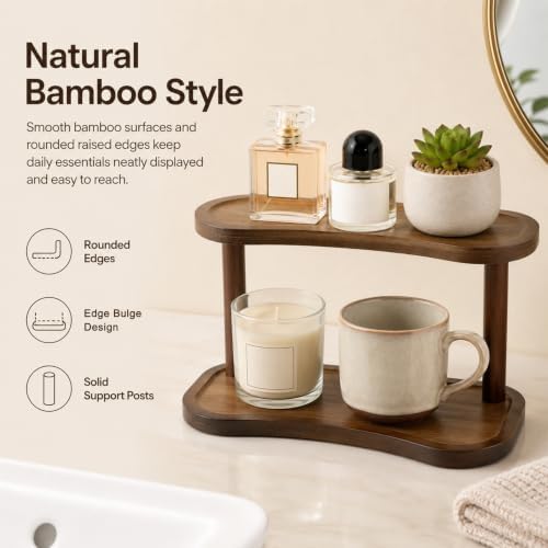 Bamboo Desktop Organizer Shelf, 2-Tier Wooden Bathroom Organizer Countertop, Natural Bamboo Display Stand for Perfume, Makeup, Coffee Mugs