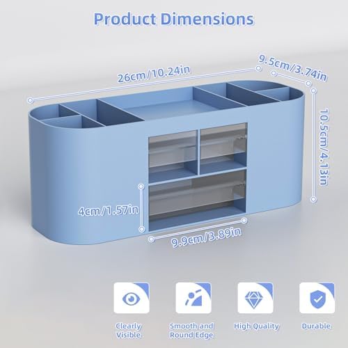 Marbrasse Desk Organizer Pen Holder for Desk with 3 Drawers, Multi-Functional Pencil Holder, Desk Organizers and Accessories with 7 Compartments for Home, School, Classroom(Blue)