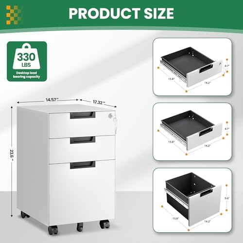 Mobile File Cabinet,3 Drawer Locking Storage Filing Cabinet,Office Metal Storage Cabinet on Wheels for Legal/Letter/A4 File(Fully Assembled，White)