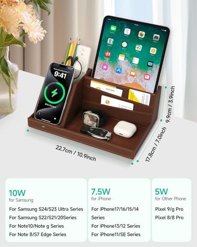 Fast Wireless Charging Station with Desk Organizer for iPhone 17/16/15/15 Pro/14/14 Pro Max/14 Pro/14 Plus/13/13 Pro Max/13 Pro/and iPhone 12/11 Series, Nightstand Desktop Organizer, Brown