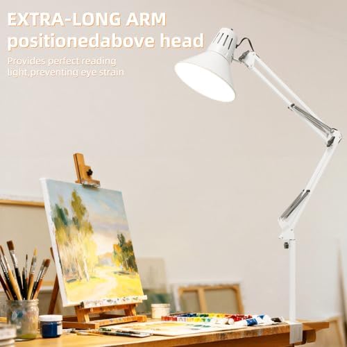 White Desk Lamp with Clamp, Extra-Tall Adjustable Metal Swing Arm, 3000K