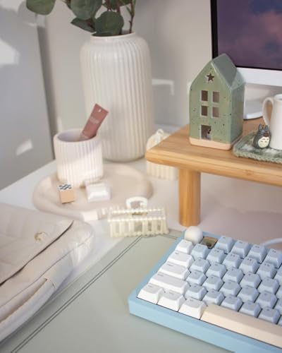 Bamboo Dual Monitor Stand Riser, Natural Desktop Shelf with Storage