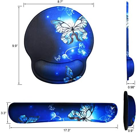 Mouse Pad Keyboard Wrist Rest, Gel Non Slip Rubber Wrist Support Rest Mouse Pad for Home Office, Computer, Laptop, Typist, Gamer, Soft Cushion Mousepad with Memory Foam Ergonomic, Blue Butterfly