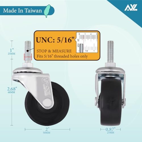 AXL 5/16 UNC Threaded Stem Caster Wheels Set of 4, 2 Inch Swivel Casters (2 Locking, 2 Non-Locking), 1" (25mm) Stem Length Replacement Wheels for Utility Cart, Shelf, Cabinet, Furniture