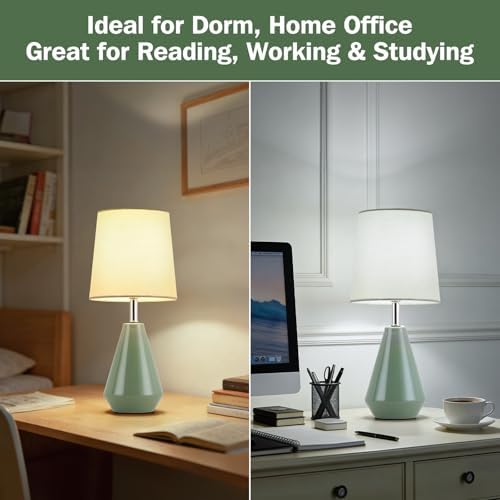 Small Bedside Table Lamp for Bedroom - Reading Desk Lamp with 3 Color Temperatures，15.5" Nightstand Ceramic Lamp with Fabric Shade for Kids Room,Living Room,Dorm,Home Office (Green)