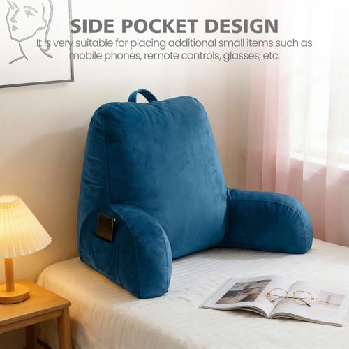Reading Pillow with Adjustable Memory Foam,Adult Backrest with Arms, Back Pillow for Sitting in Bed with Washable Cover- Large, Navy Blue