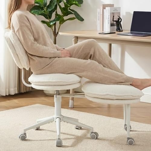 Cross Legged Chair with 360° Swivel Footrest, Criss Cross Office Chair for Plus Size, Teddy Fleece Armless Desk Chair with Wheels, Memory Foam Cozy Active Sitting Chair for Home Office,