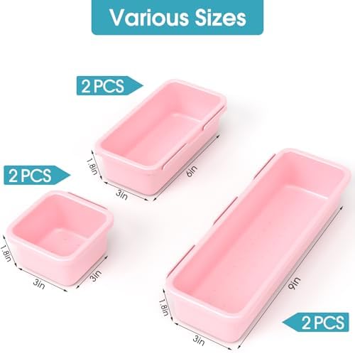 6 PCS Drawer Organizer Set, 3 Size Makeup Drawer Divider Organizer With Non-Slip Pads, Interlocking Plastic Storage Bins for Office,Jewelry Vanity,Gadgets, Bathroom,Kitchen, Pink