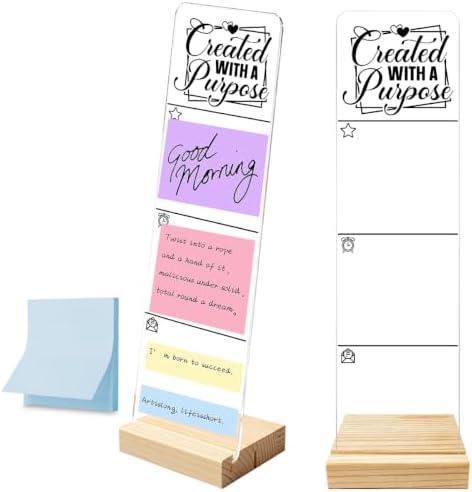 Sticky Note Holder, Monitor Memo Board, Acrylic Post It Note Holder with Wooden Base, Includes 100 Notes, Desk Organizer,Christian Quote “Created with A Purpose”