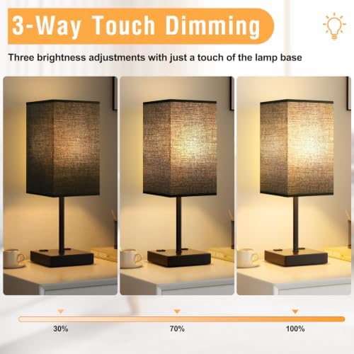 17.4" Black Bedside Table Lamp for Bedroom, Dimmable, USB C+A, 2 AC Outlets