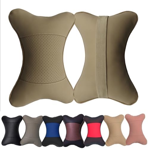 Car Neck Pillows Both Side Pu Leather 2pieces Pack Headrest Fit for Most Cars Filled Fiber Universal Car Pillow (Beige)