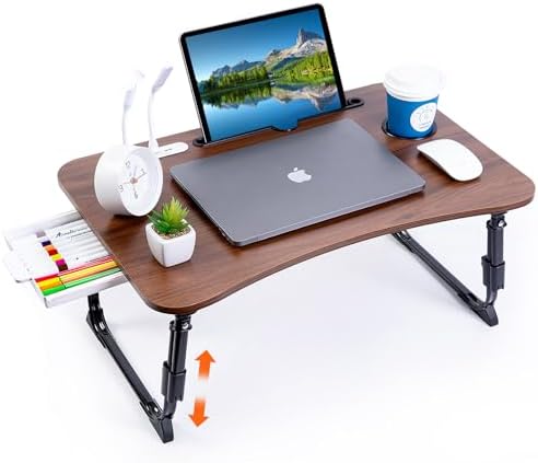 Laptop Desk for Bed, Height Adjustable Laptop Bed Table, Foldable Portable Lap Desk Stand with USB/Storage Drawer/Cup Holder/Slot, Breakfast Tray for Working Reading Writing Eating