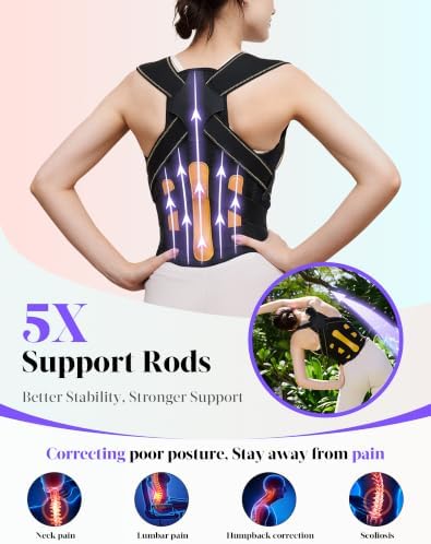 Kepwaa Posture Corrector for Women and Men, 5 Full Back Support Brace Rods, Adjustable Shoulder Straightener, Relief for Upper and Lower Back, Neck, Lumbar, Scoliosis, Hump, Black Yellow, Medium